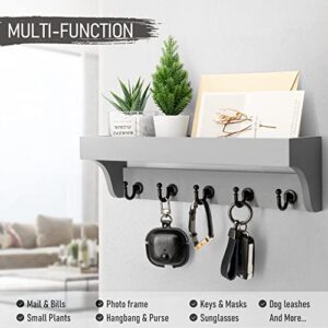 Rebee Vision Decorative Key Holder for Wall - Modern Farmhouse Wall Mount Mail Organizer Keys Hanger with Floating Shelf, 5 Rustic Key Hooks for Entryway Home Decor (Gray)