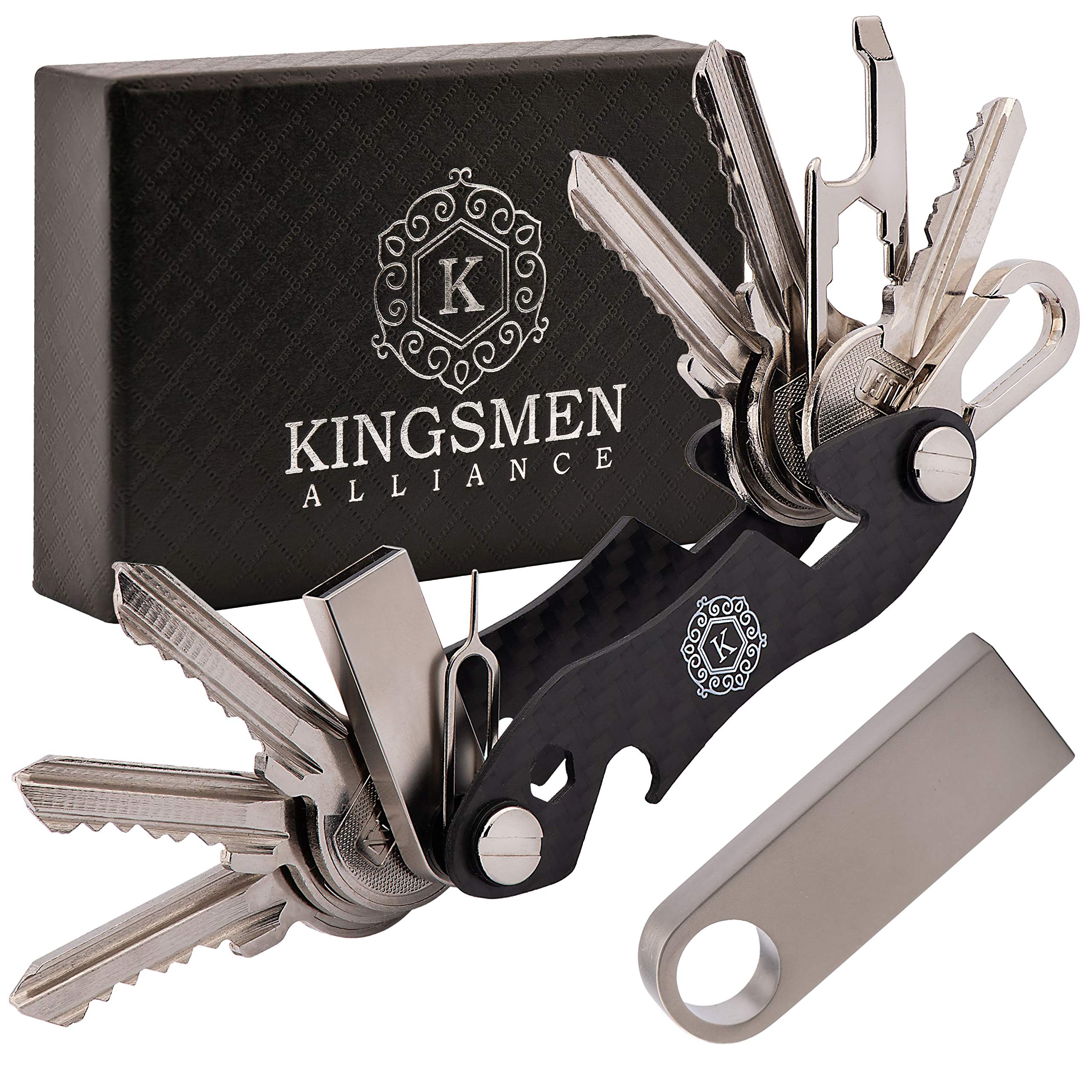 KINGSMEN Compact Smart Key Organizer Keychain – Premium Carbon Fiber Key Holder for Keychain with Keychain Accessories (16 GB USB, Multitool, Key Ring), Attach Car Key Holder & EDC, 25 Keys (Black)