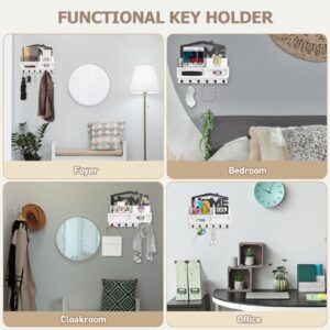 VIS'V Key Holder Wall Mount, White Wooden Key Mail Holder Wall Decorative Key Rack Organizer with Shelf Mail Storage Basket with 6 Key Hooks 2 Compartments for Entryway Doorway Hallway