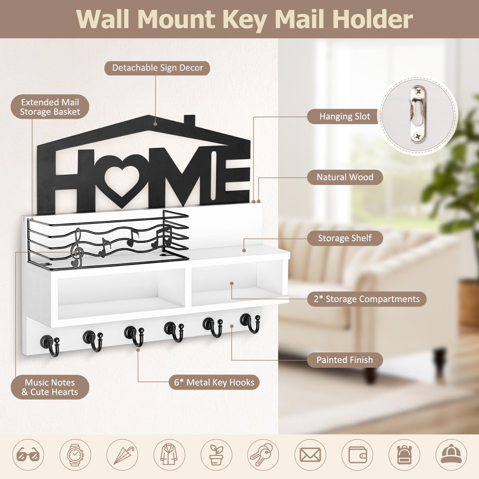 VIS'V Key Holder Wall Mount, White Wooden Key Mail Holder Wall Decorative Key Rack Organizer with Shelf Mail Storage Basket with 6 Key Hooks 2 Compartments for Entryway Doorway Hallway