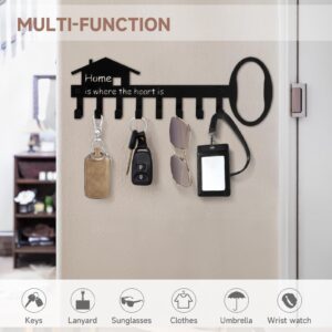 RELBRO Key Holder Wall Mount, Black Metal Key Shape Key Hanger Wall Decorative Self Adhesive Key Rack Organizer with 8 Key Hooks for Entryway Hallway Doorway Garage 2 Installation Ways