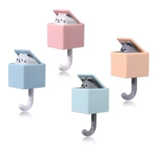 Juome Cute Cat Key Hook, 4Pcs Adhesive Coat Hooks Key Holder for Wall Decorative, Cat Hooks for Coat, Bag, Hat, Towel, Key Hooks for Wall Hanging Decorations