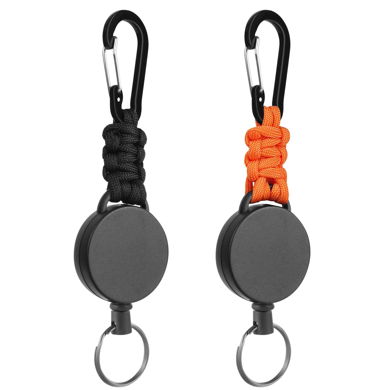 AOMIG 2 Pack Retractable Keychain, Heavy Duty Retractable Badge Holder Reel, Retractable ID Badge Clip Reel with Steel Cable and Carabiner Clip, Badge Reel Carabiner Key Chain（Black&Orange）