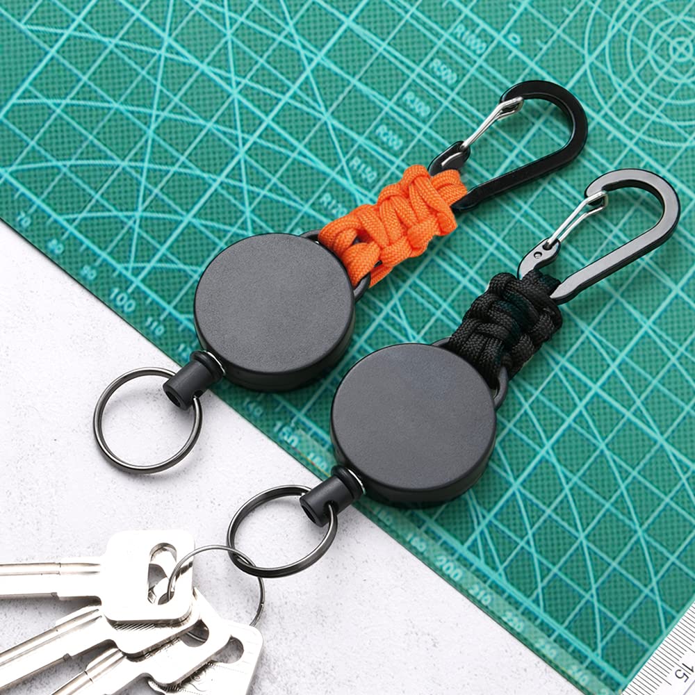 AOMIG 2 Pack Retractable Keychain, Heavy Duty Retractable Badge Holder Reel, Retractable ID Badge Clip Reel with Steel Cable and Carabiner Clip, Badge Reel Carabiner Key Chain（Black&Orange）