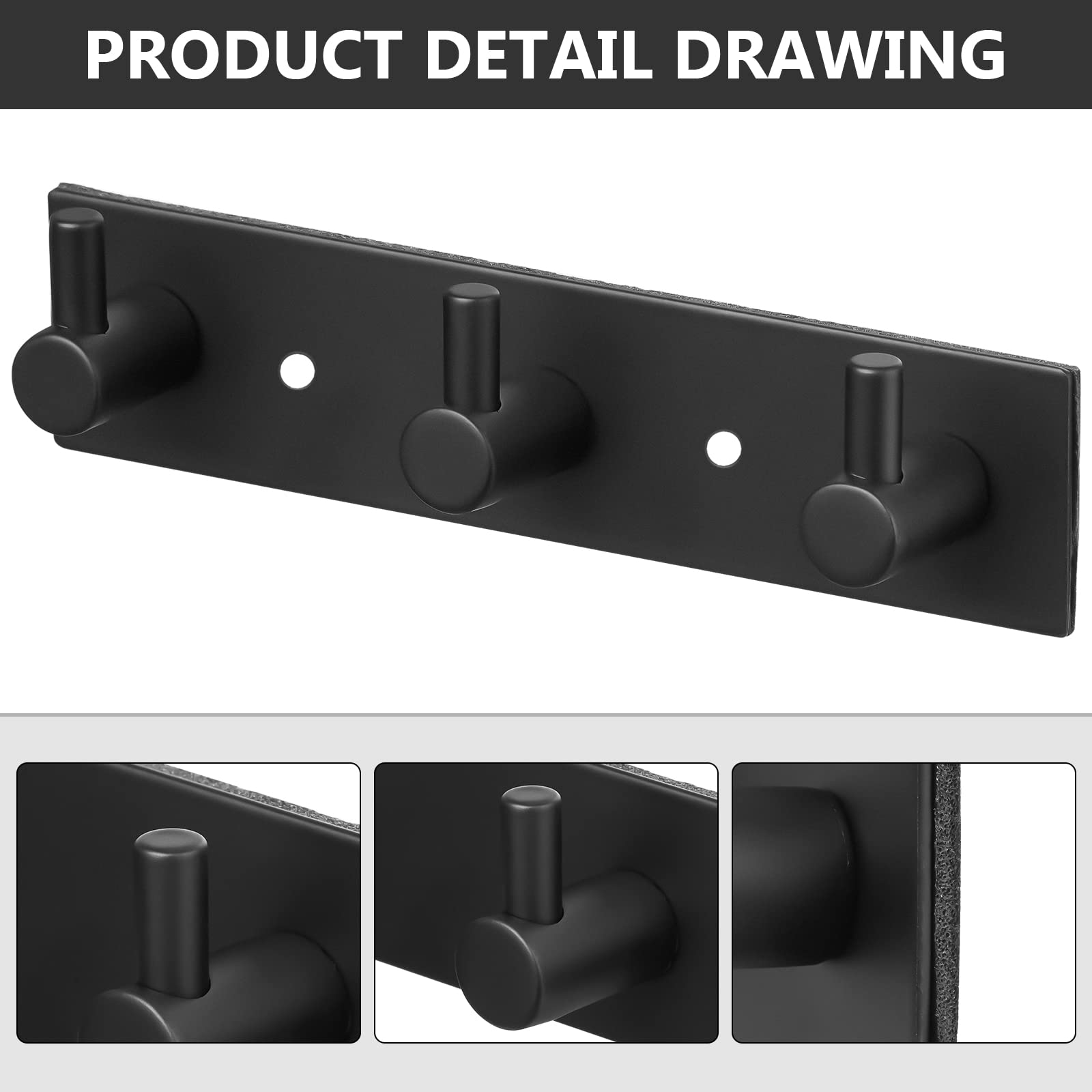 Key Holder for Wall Set of 2 Adhesive Key Holder Stainless Steel 3 Key Hooks Holder Rack Modern Key Hooks Hanger for Wall Home Kitchen Entryway Hallway Office Cabinet Bathroom (Black)