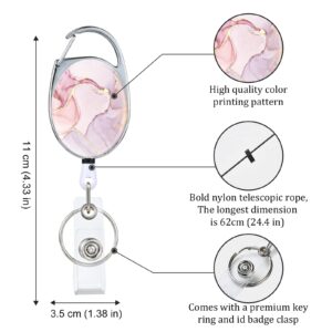 Badge Reels Retractable，Double Sided Color Print Pattern Badge Holders，with Keychain, Clip and Key Ring，Durable Nylon Rope，Pink Marble