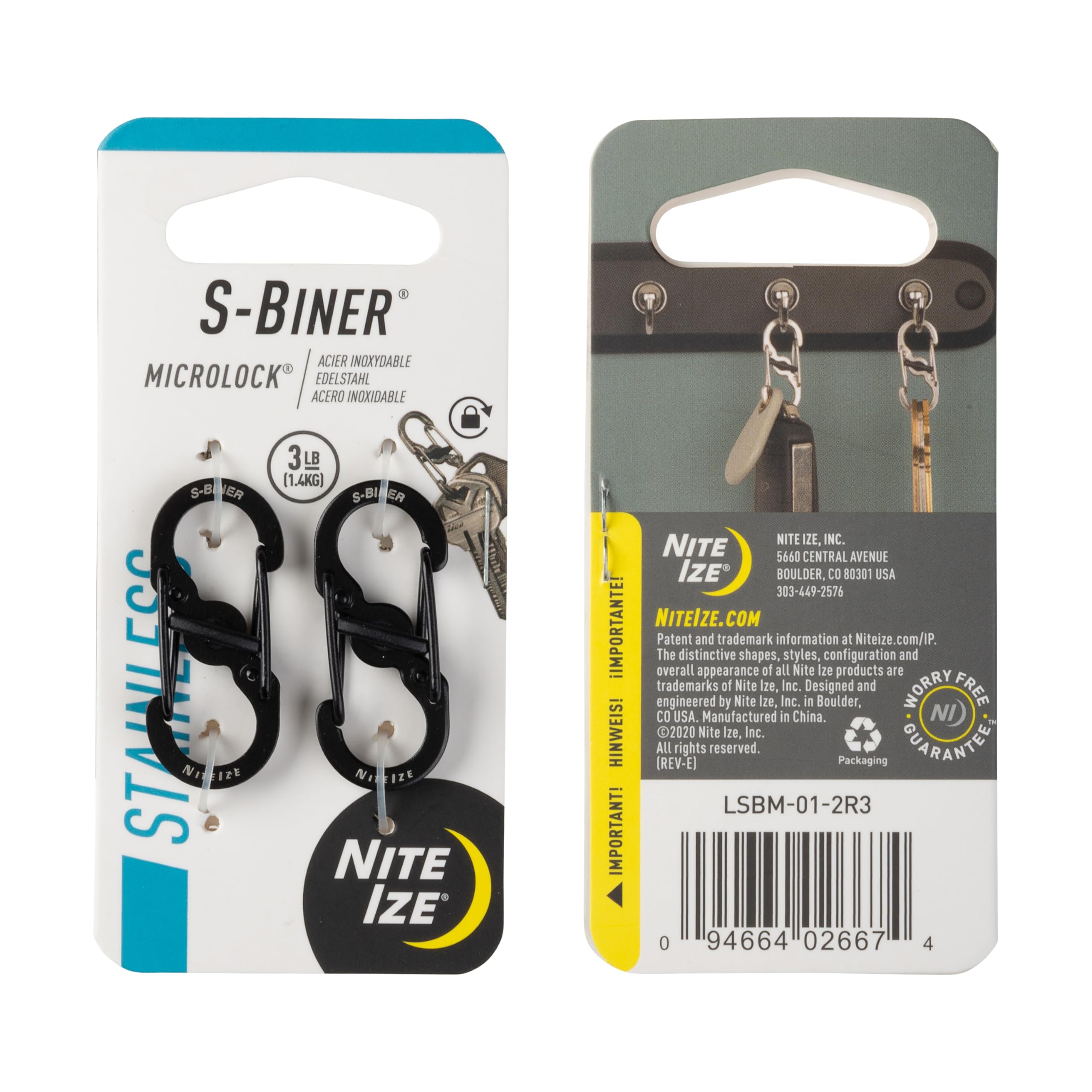 Nite Ize S-Biner MicroLock Stainless Steel - S-Biner with Locking Dual Sided Gates - Keep Keys Secure with Carabiner Key Holder - Black (2 Pack)