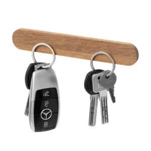 modern magnetic key holder for wall, solid wood, holds 4 keys, and includes 4 metal key rings and mounted by either magnetically or using self adhesive tape for renter friendly, nail-free installment