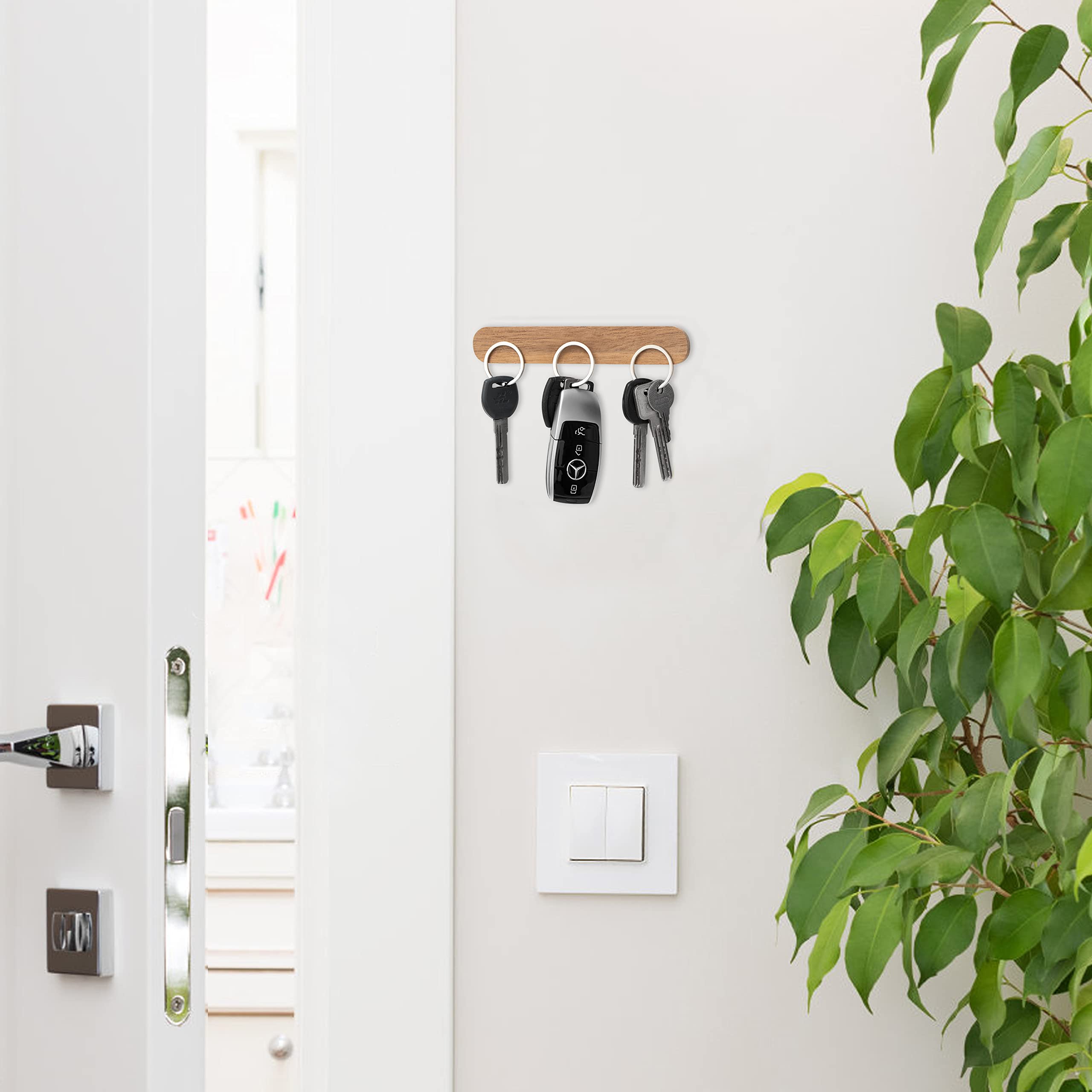 Modern Magnetic Key Holder for Wall, Solid Wood, Holds 4 Keys, and Includes 4 Metal Key Rings and Mounted by Either Magnetically or Using Self Adhesive Tape for Renter Friendly, Nail-Free Installment