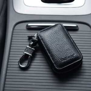 Buffway Car Key case,Genuine Leather Car Key Chain Keychain Holder Metal Hook and Keyring Zipper Bag for Remote Key Fob - Black