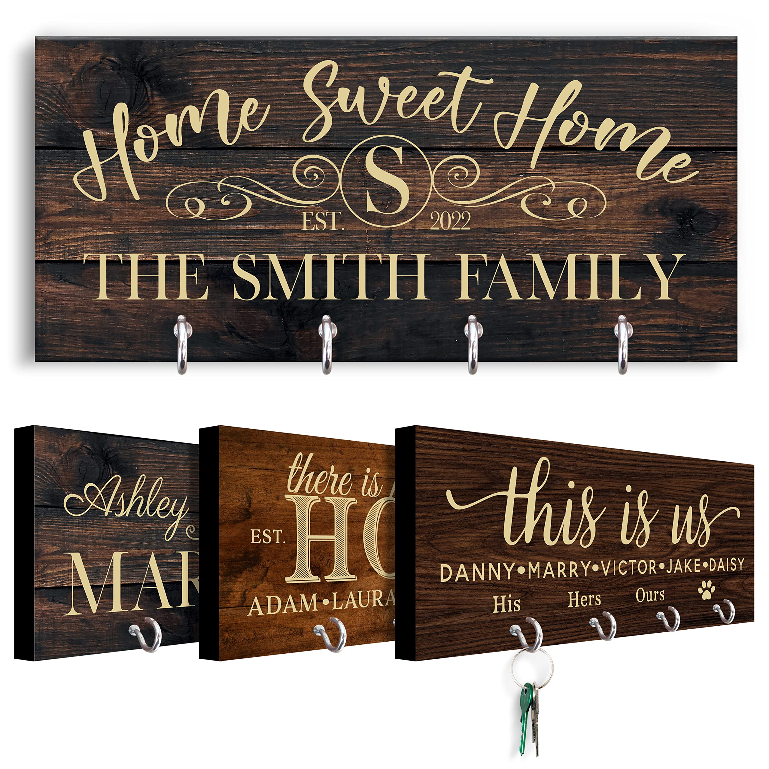 Personalized Key Holder for Wall - Custom Key Hanger with Family Name | 12 Designs, 8 Background Options | House Warming Presents for New Home, Wedding Gifts for Couple, Natural Wood Key Rack