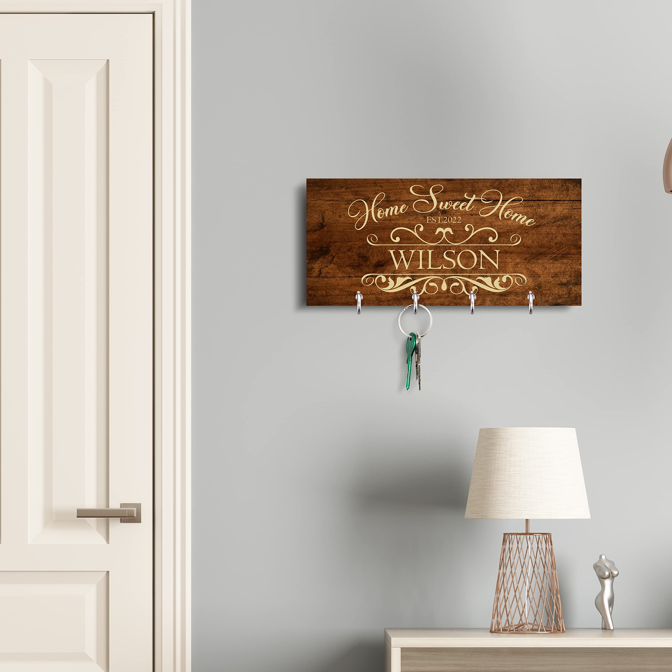 Personalized Key Holder for Wall - Custom Key Hanger with Family Name | 12 Designs, 8 Background Options | House Warming Presents for New Home, Wedding Gifts for Couple, Natural Wood Key Rack