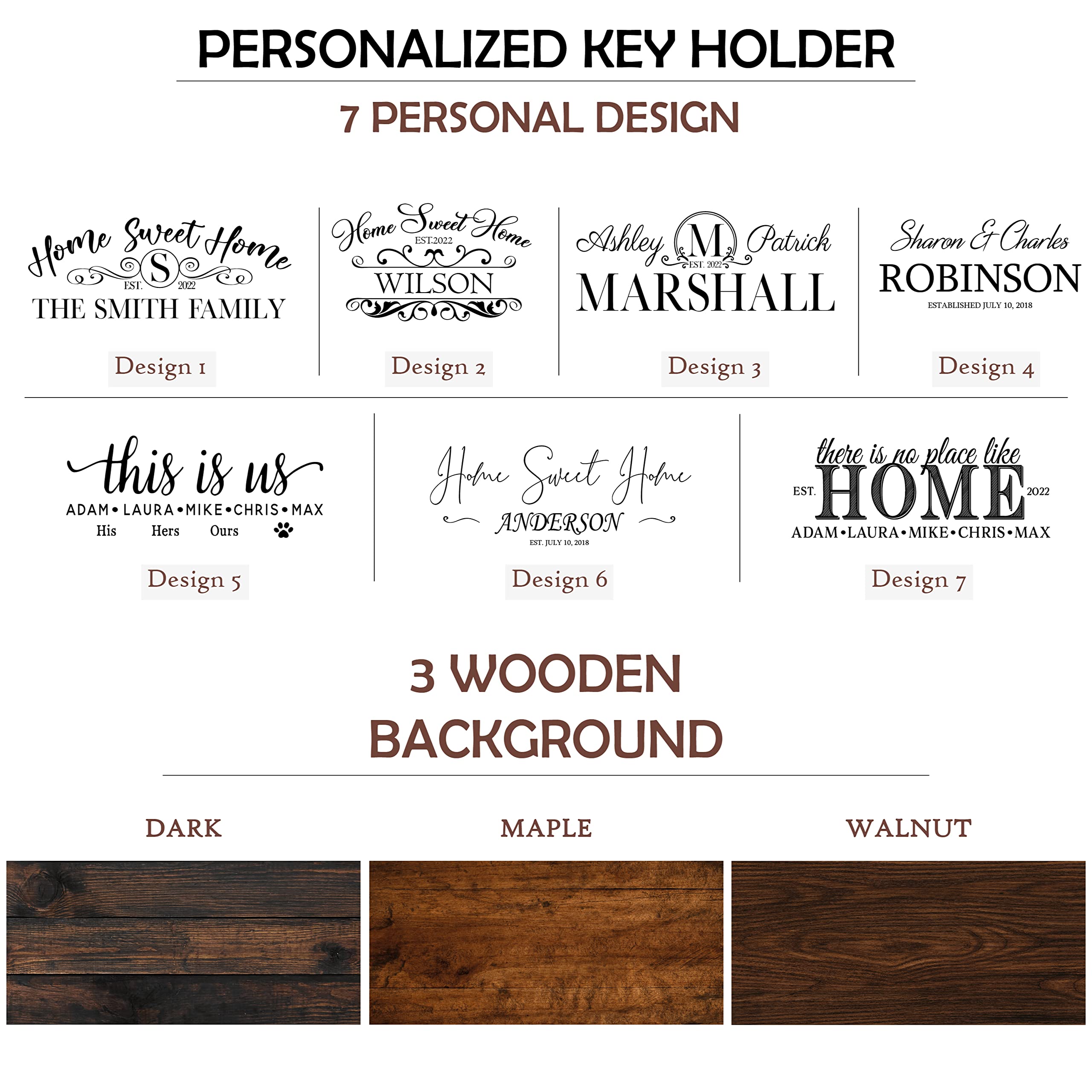 Personalized Key Holder for Wall - Custom Key Hanger with Family Name | 12 Designs, 8 Background Options | House Warming Presents for New Home, Wedding Gifts for Couple, Natural Wood Key Rack