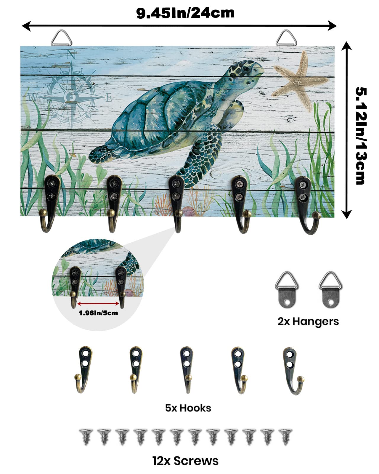 JasmineM Sea Turtle Ocean Key Holder for Wall Decorative, Wood Wall Mounted Key Rack with 5 Key Hooks, Keys Hanger Organizer for Entryway Hallway Office Home Decor, Rustic Wood Beach Starfish