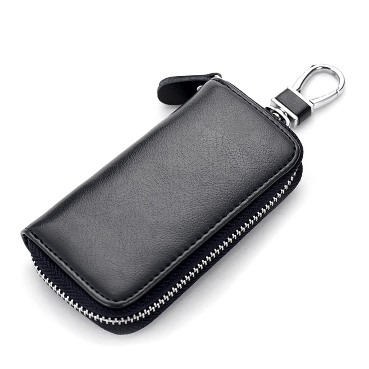 WESTONETEK Unisex Mens Womens Premium Leather Car Key Holder Bag Keychain Case Wallet with 6 Hooks Zipper Closure, Black