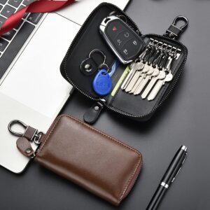 WESTONETEK Unisex Mens Womens Premium Leather Car Key Holder Bag Keychain Case Wallet with 6 Hooks Zipper Closure, Black