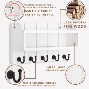 Ikviier Key Holder for Wall Decorative Made of Pine, Key Rack for Wall White, Key Hook for Wall with 5 Metal Hooks, Farmhouse Mail and Key Holder for Wall (White)