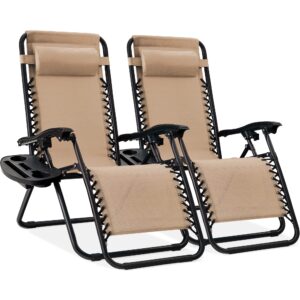 best choice products set of 2 adjustable steel mesh zero gravity lounge chair recliners w/pillows and cup holder trays - sand