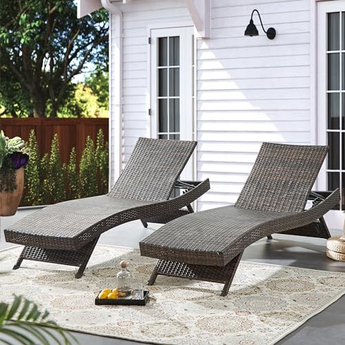 Asifom 79'' Long Reclining Chaise Lounge Set (Set of 2), Outdoor Wicker Reclining Lounge Chair Patio Rattan Double Chaise Lounge Lawn Sunbathing Chairs Beach Pool Backrest Recliners (Set of 2)