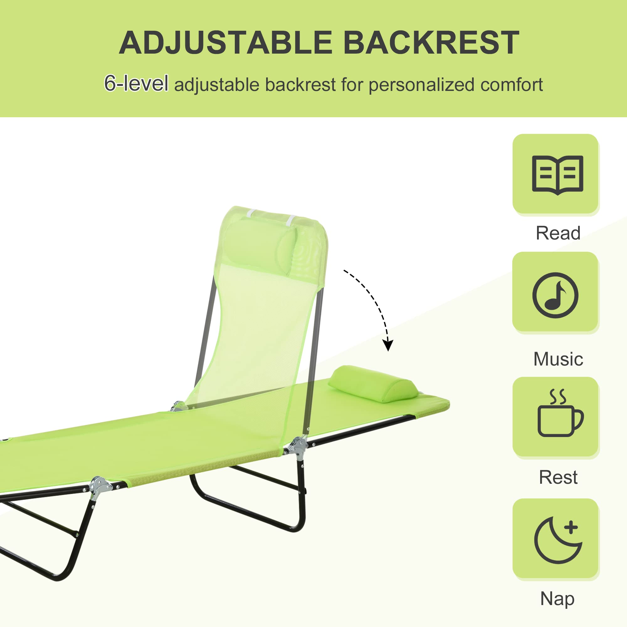 Outsunny Folding Chaise Lounge Chair, Pool Sun Tanning Chair, Outdoor Lounge Chair with Reclining Back, Breathable Mesh Seat, Headrest for Beach, Yard, Patio, Green