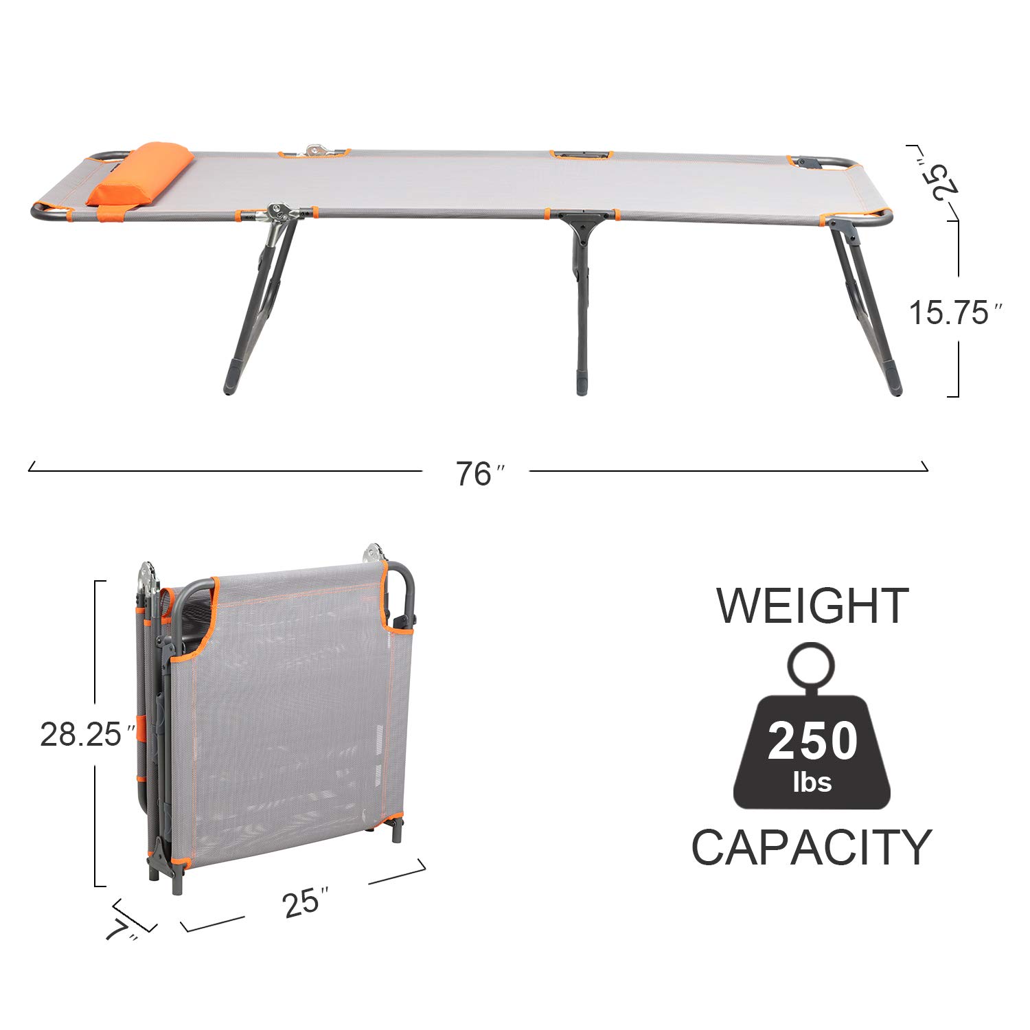 PORTAL Adjustable Portable Cot for Adults, Folding Chair, 4-Position Recliner with 250lbs Weight Capacity Lounger, Travel, Camping, Beach, Grey, Orange