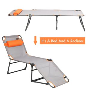 PORTAL Adjustable Portable Cot for Adults, Folding Chair, 4-Position Recliner with 250lbs Weight Capacity Lounger, Travel, Camping, Beach, Grey, Orange