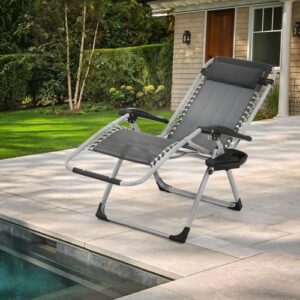 MoNiBloom Beach Chaise Lounge Chair, Patio Folding Recliner with Removable Cushion, Headrest & Tray, Portable Tanning Sunbathing Chair for Poolside Beach Porch Yard, Reinforced Bar, 330lbs Grey