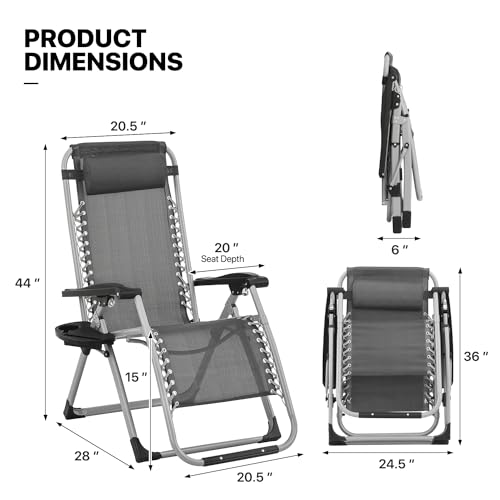 MoNiBloom Beach Chaise Lounge Chair, Patio Folding Recliner with Removable Cushion, Headrest & Tray, Portable Tanning Sunbathing Chair for Poolside Beach Porch Yard, Reinforced Bar, 330lbs Grey