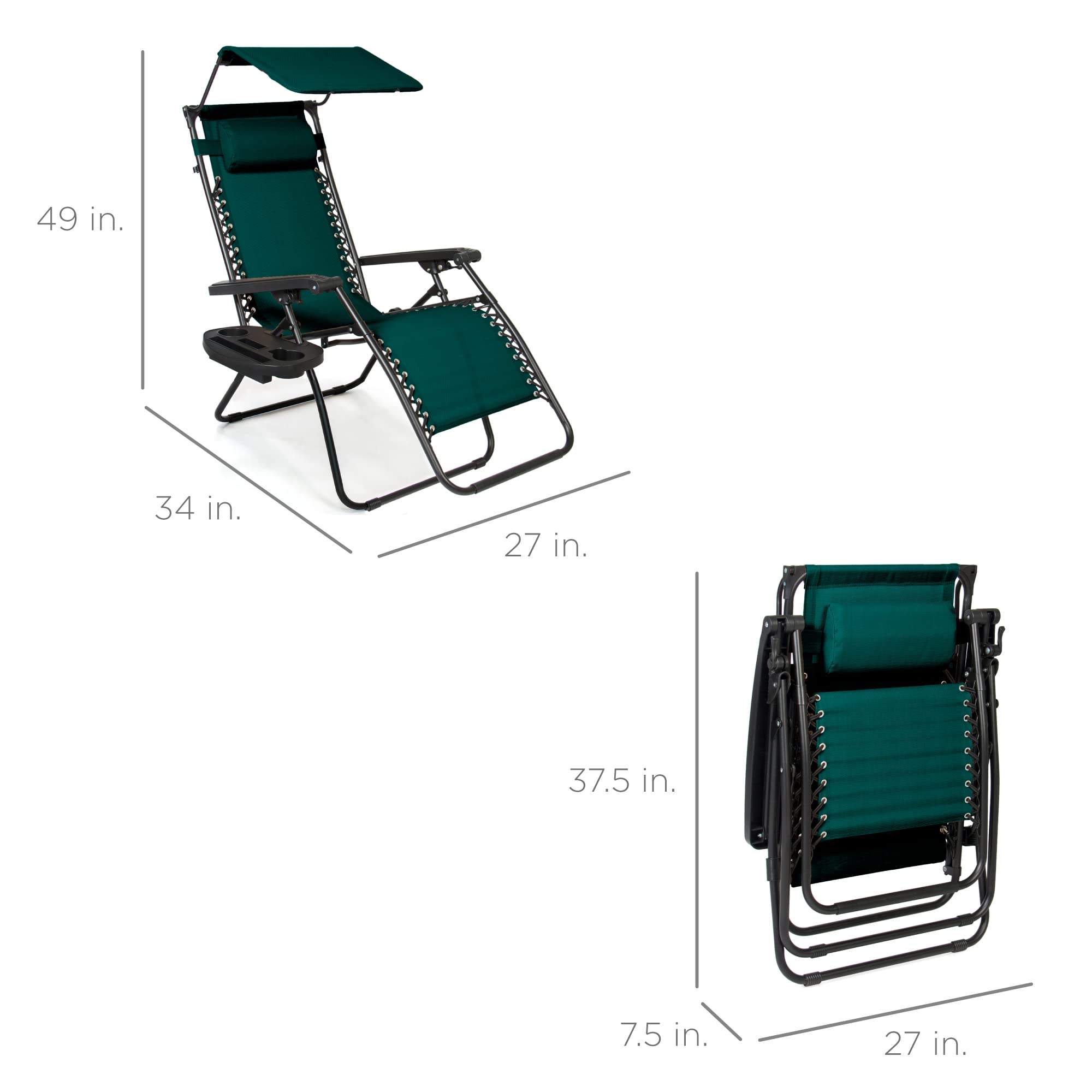 Best Choice Products Folding Zero Gravity Outdoor Recliner Patio Lounge Chair w/Adjustable Canopy Shade, Headrest, Side Accessory Tray, Textilene Mesh - Forest Green