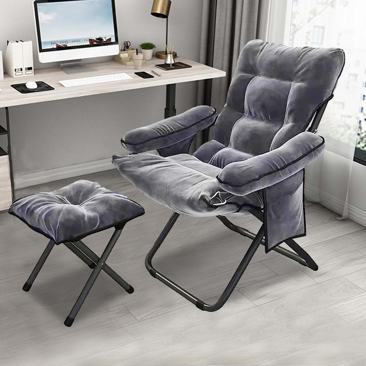 Modern Lazy Chair with Ottoman, Folding Lounge Reclining Sofa Chair with Armrest Comfy Lounge Chair Leisure Chair with Side Pocket for Bedroom, Balcony, Living Room, Office, Grey