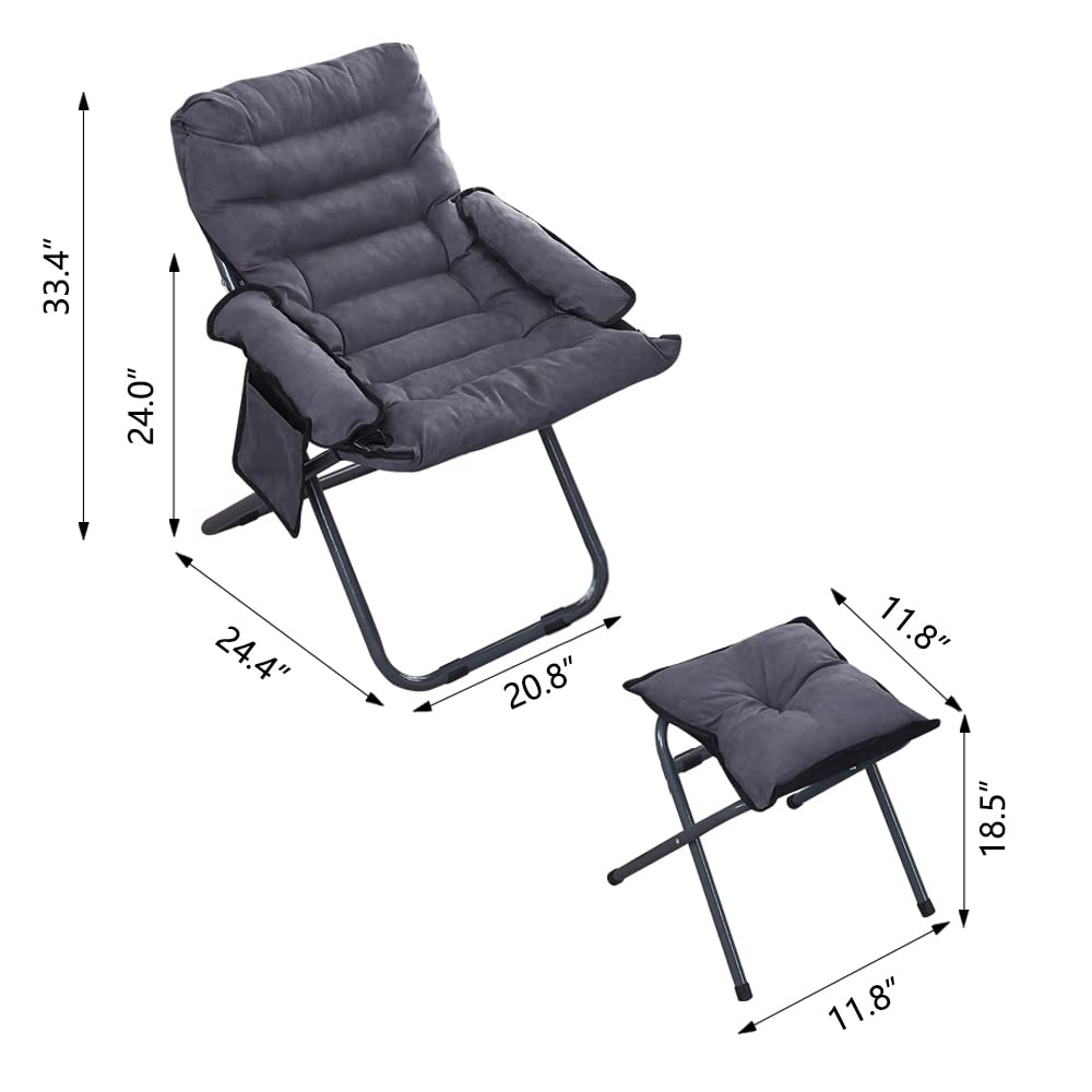 Modern Lazy Chair with Ottoman, Folding Lounge Reclining Sofa Chair with Armrest Comfy Lounge Chair Leisure Chair with Side Pocket for Bedroom, Balcony, Living Room, Office, Grey