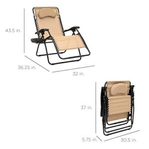 Best Choice Products Oversized Zero Gravity Chair, Folding Outdoor Patio Lounge Recliner w/Cup Holder Accessory Tray and Removable Pillow - Tan