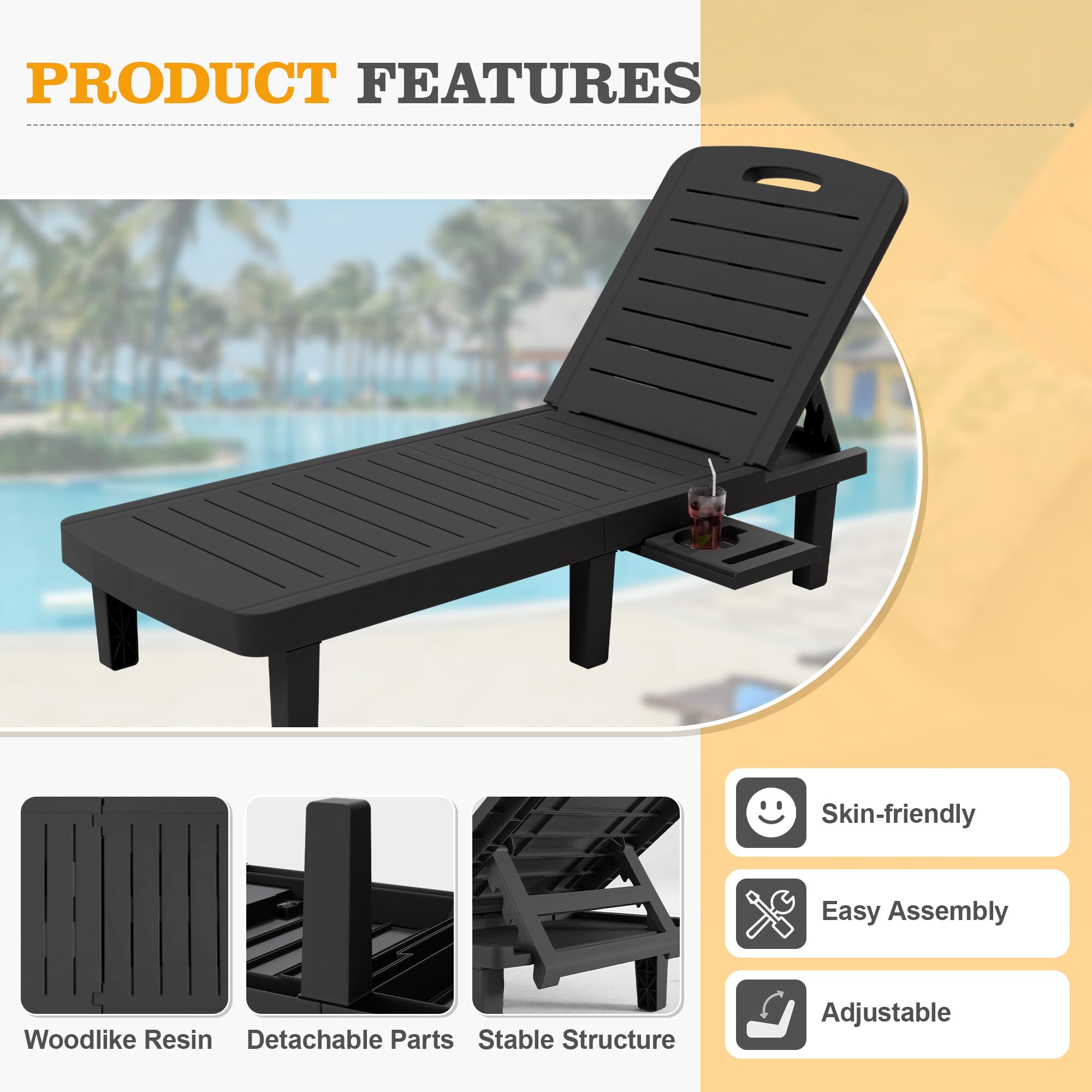 UDPATIO Oversized Outdoor Chaise Lounge Chair Set of 2, 5-Level Adjustment Backrest, Extra Widen Chaise with Cup Holder Easy Assembly for Pool Beach Garden (BLACK)