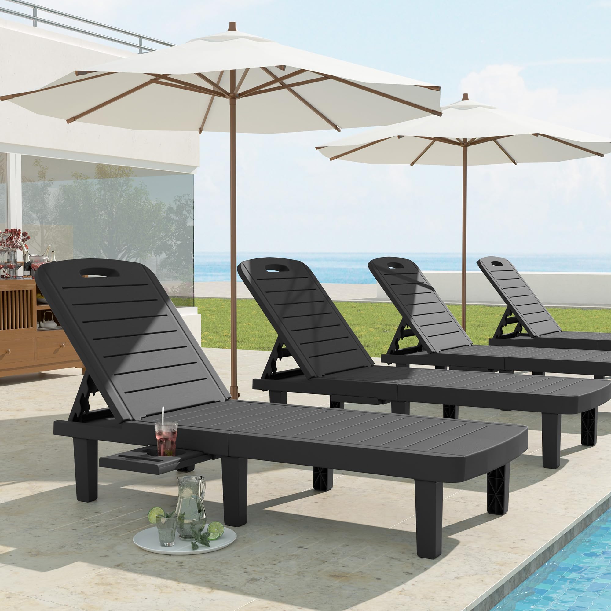 UDPATIO Oversized Outdoor Chaise Lounge Chair Set of 2, 5-Level Adjustment Backrest, Extra Widen Chaise with Cup Holder Easy Assembly for Pool Beach Garden (BLACK)