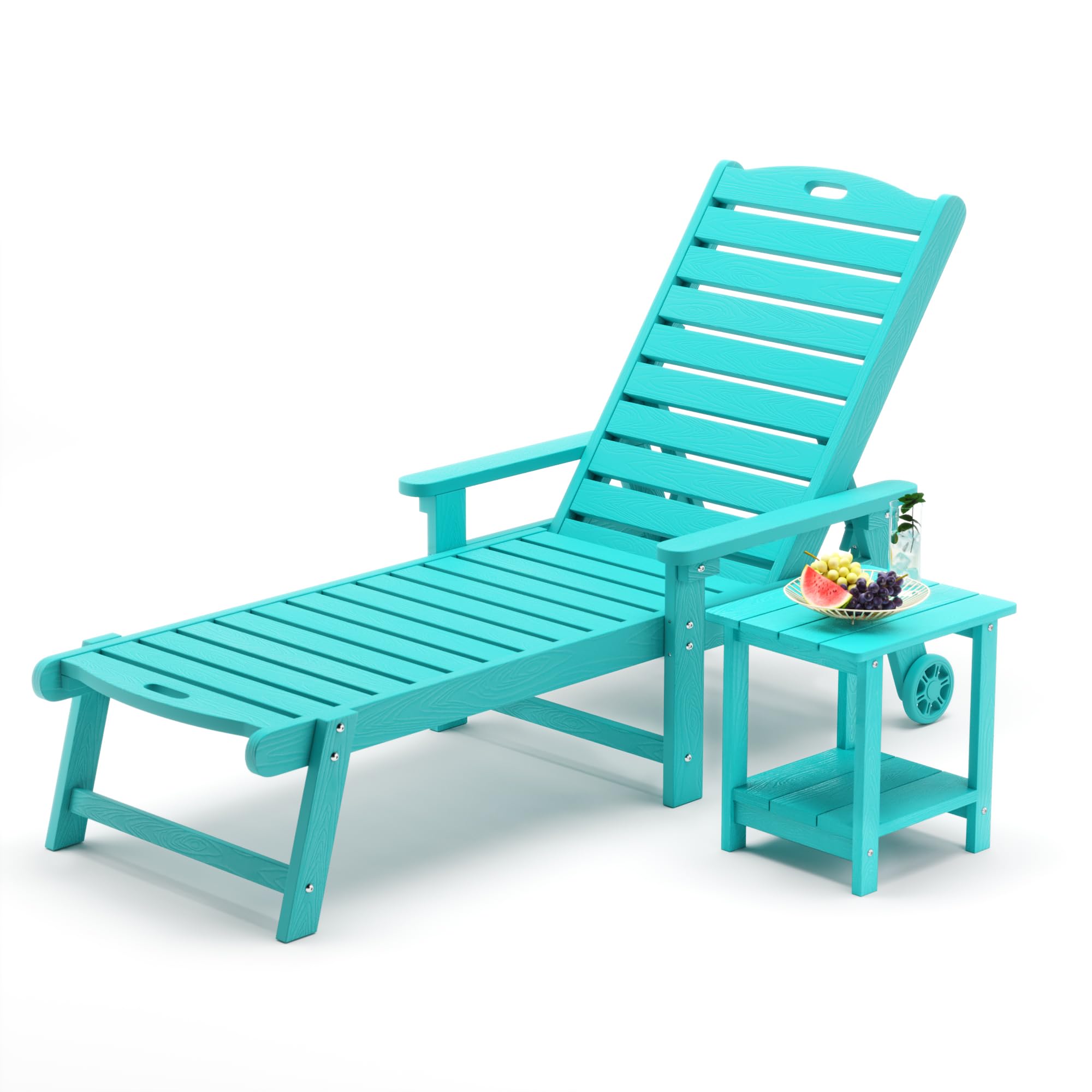 LUE BONA Chaise Lounge Chair with Table, 2-Piece, HDPS Material, 3-Year Warranty, Patio Lounge Chairs with Adjustable Backrest, Resin Pool Lounge Chairs with Wheels for Outside, Aruba Blue