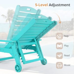 LUE BONA Chaise Lounge Chair with Table, 2-Piece, HDPS Material, 3-Year Warranty, Patio Lounge Chairs with Adjustable Backrest, Resin Pool Lounge Chairs with Wheels for Outside, Aruba Blue