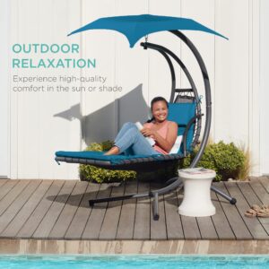 Best Choice Products Outdoor Hanging Curved Steel Chaise Lounge Chair Swing w/Built-in Pillow and Removable Canopy - Peacock Blue