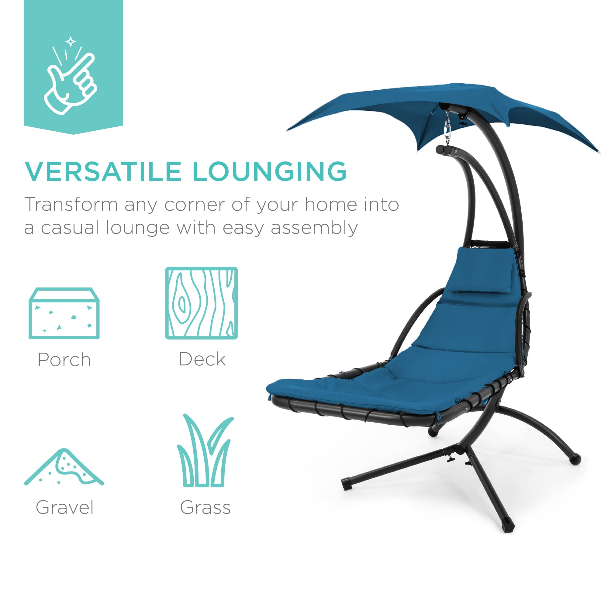 Best Choice Products Outdoor Hanging Curved Steel Chaise Lounge Chair Swing w/Built-in Pillow and Removable Canopy - Peacock Blue