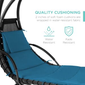 Best Choice Products Outdoor Hanging Curved Steel Chaise Lounge Chair Swing w/Built-in Pillow and Removable Canopy - Peacock Blue