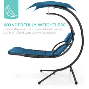 Best Choice Products Outdoor Hanging Curved Steel Chaise Lounge Chair Swing w/Built-in Pillow and Removable Canopy - Peacock Blue