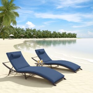 ALAULM Pool Lounge Chairs Outdoor Adjustable Chaise Lounge Chairs w/Sponge Cushion,2 Foldable & Portable Chairs and 1 Table for Poolside Patio Courtyard Seaside,Dark Blue