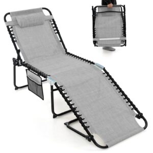 giantex patio lounge chairs for outside - folding tanning chair w/headrest, 4 adjustable positions, side pocket, outdoor chaise lounge for camping, pool, sunbathing beach chair, grey