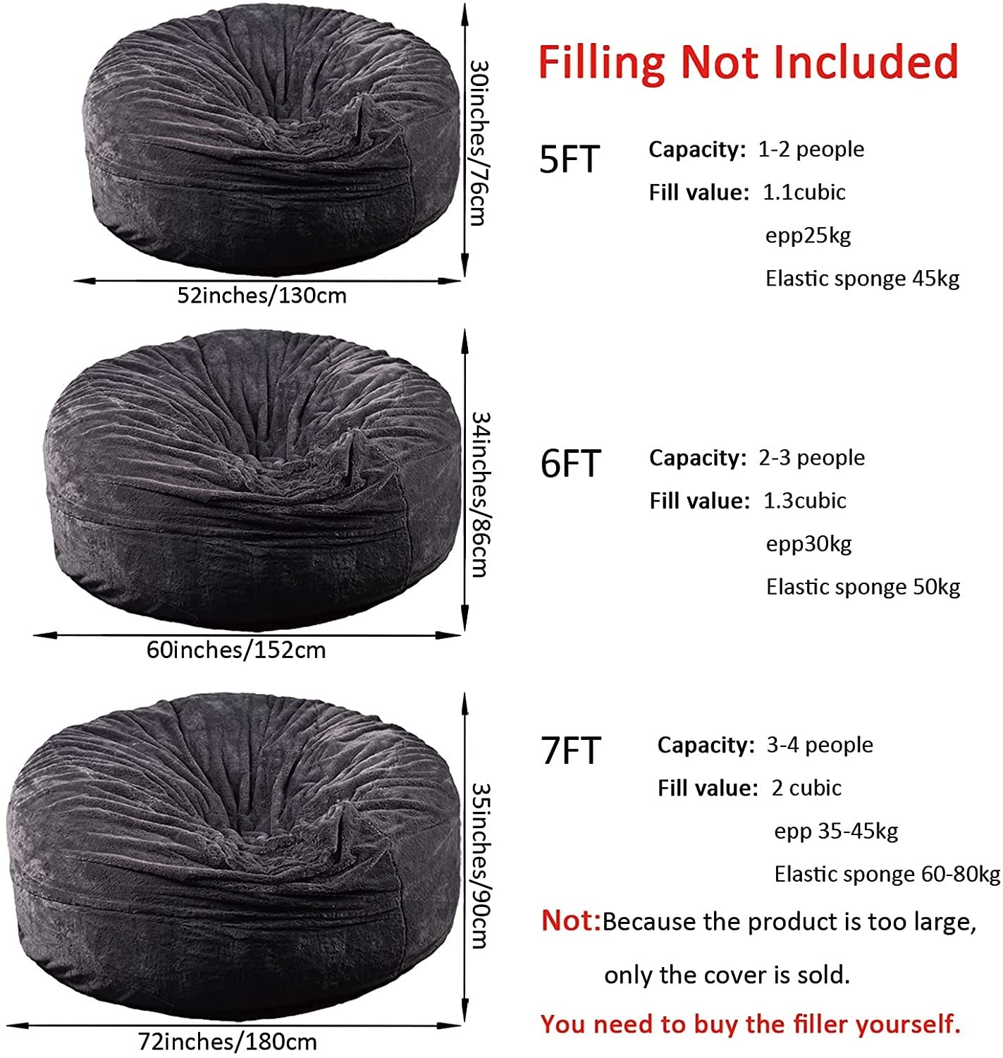 Bean Bag,Giant Fur Bean Bag Chair Cover for Adults Kids (Without Filling) Comfy Fluffy Giant Round Beanbag Lazy Sofa Cover for Reading Chair Floor Chair Lazy Sofa Bed Cover Soft Fluffy Faux BeanBag