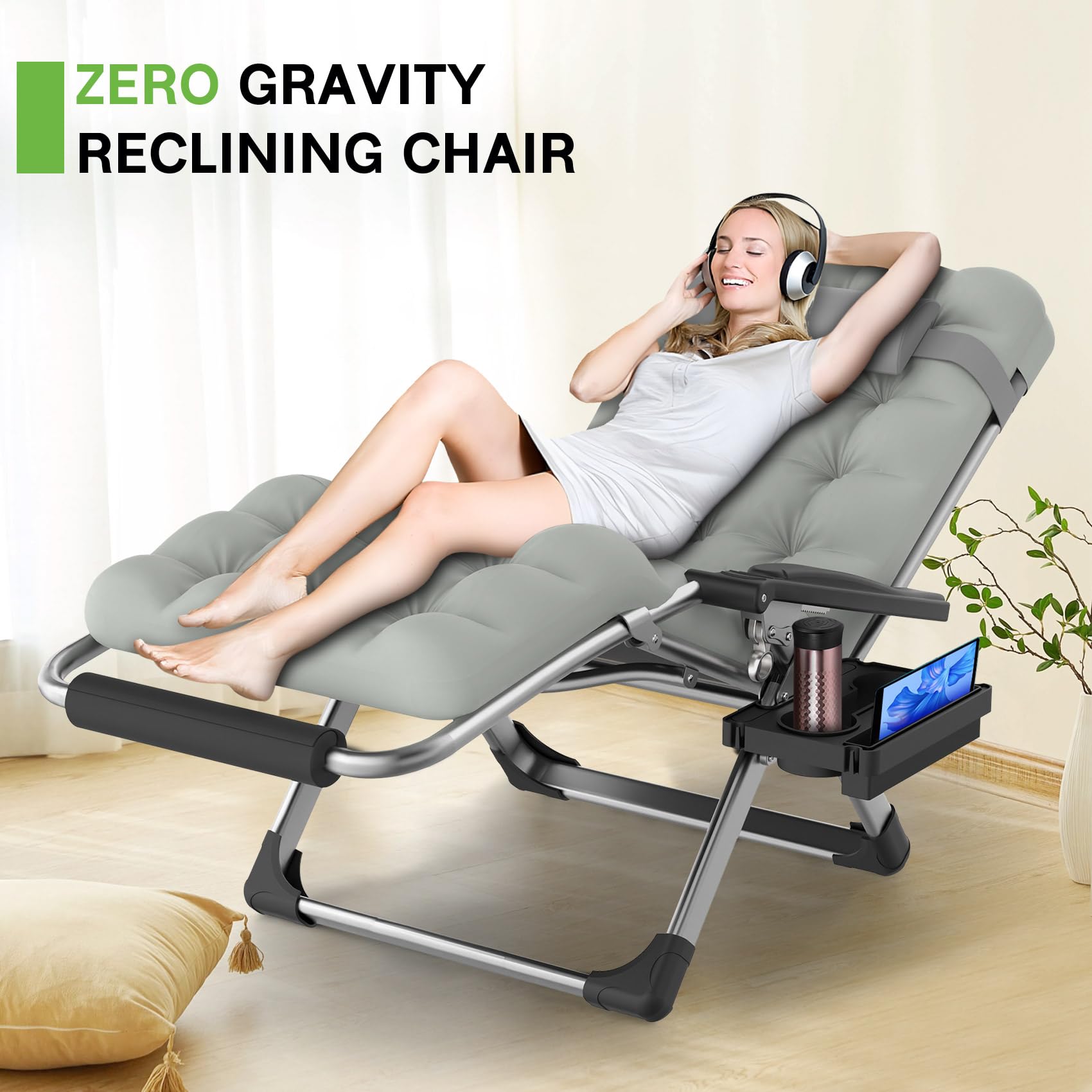 ZENPETIO 26In Zero Gravity Chair, Zero Gravity Recliner Lounge Chair for Indoor and Outdoor, Reclining Camping Chair for Lawn and Patio, Anti Gravity Chair w/Cushion, Cup Holder and Footrest, 440LBS