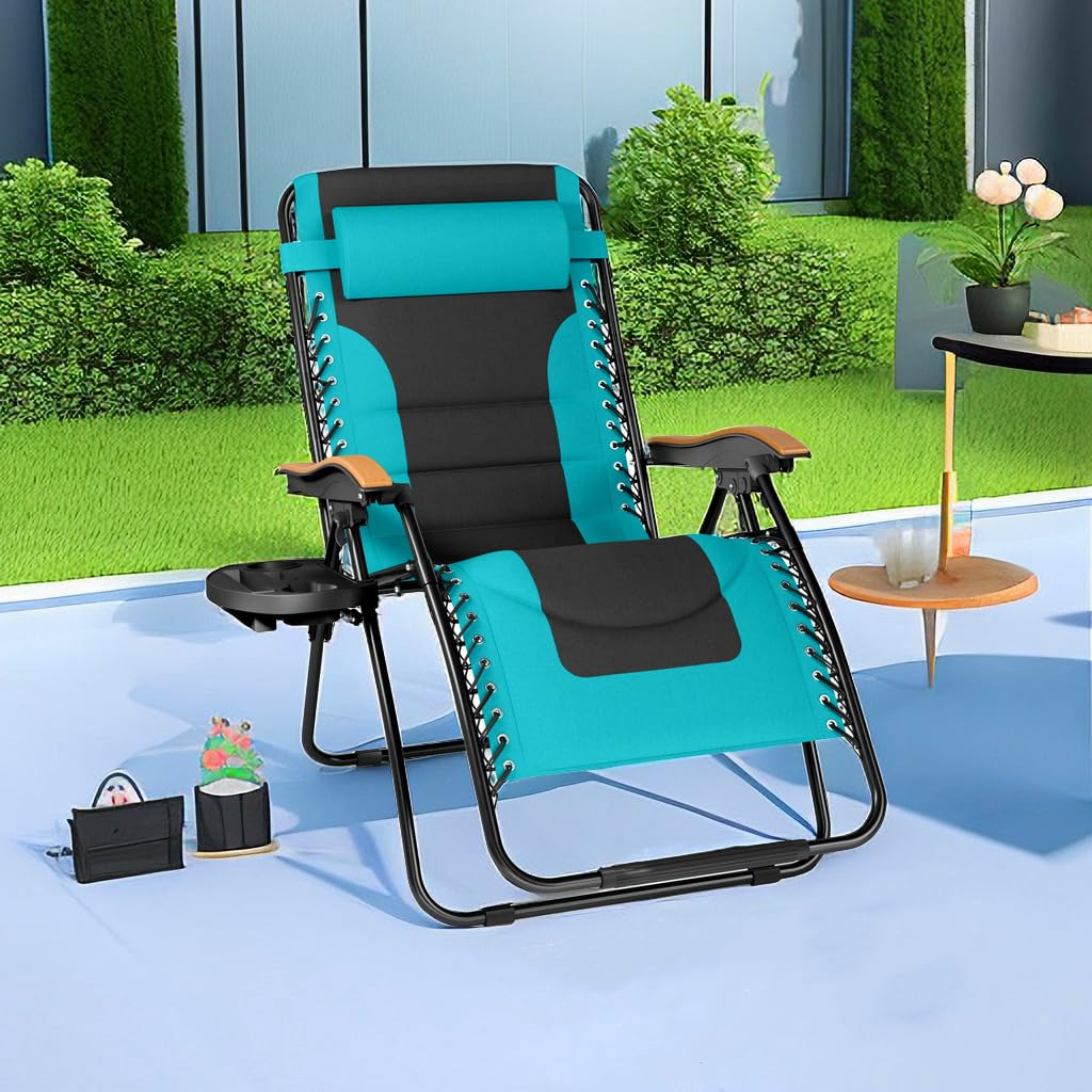 PHI VILLA XXL Oversized Padded Zero Gravity Chair, Foldable Patio Recliner, 30" Wide Seat Anti Gravity Lounger with Cup Holder, Support 400 LBS (Aqua)