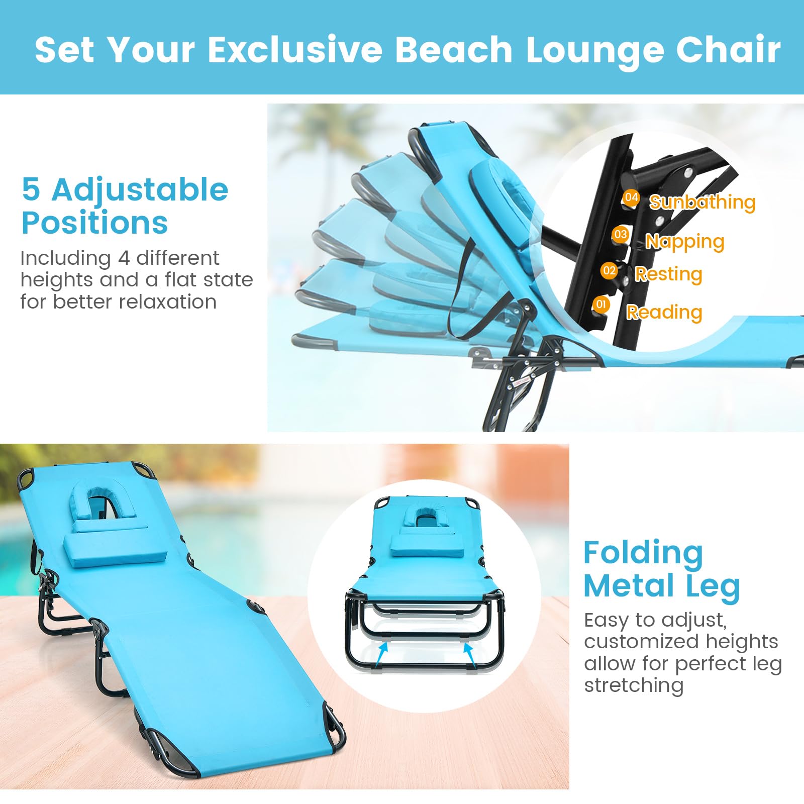 Giantex Chaise Folding Chair Adjustable Beach Patio Lounge Recliner, Turquoise