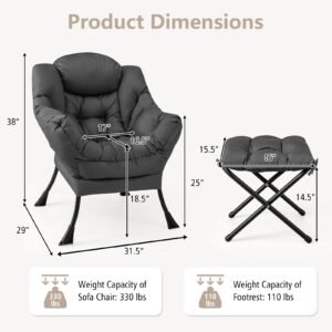 Giantex Lazy Chair with Ottoman, Accent Sofa Chair with Folding Footrest, Side Storage Pocket, Upholstered Leisure Lounge Armchair with Stool for Bedroom, Living Room, Office, Gray