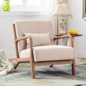 anjhome mid century modern accent chair, comfy fabric living room chairs with solid wood frame, lounge reading armchair, easy assembly, beige