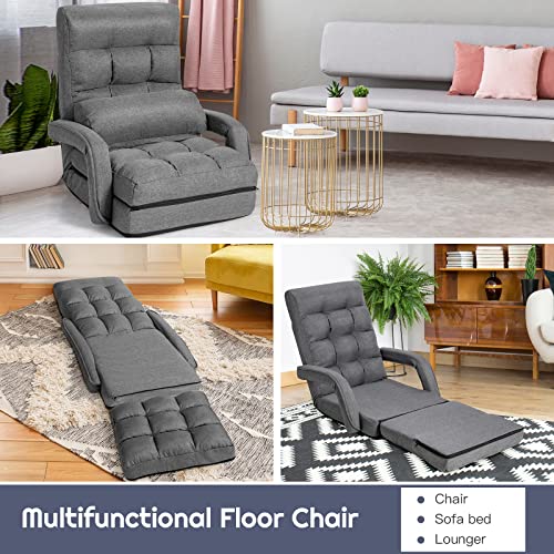 Giantex Folding Lazy Sofa Floor Chair, Indoor Chaise Lounger Bed with 6 Adjustable Position, Pillow Living Room Lounge Couch(Gray)