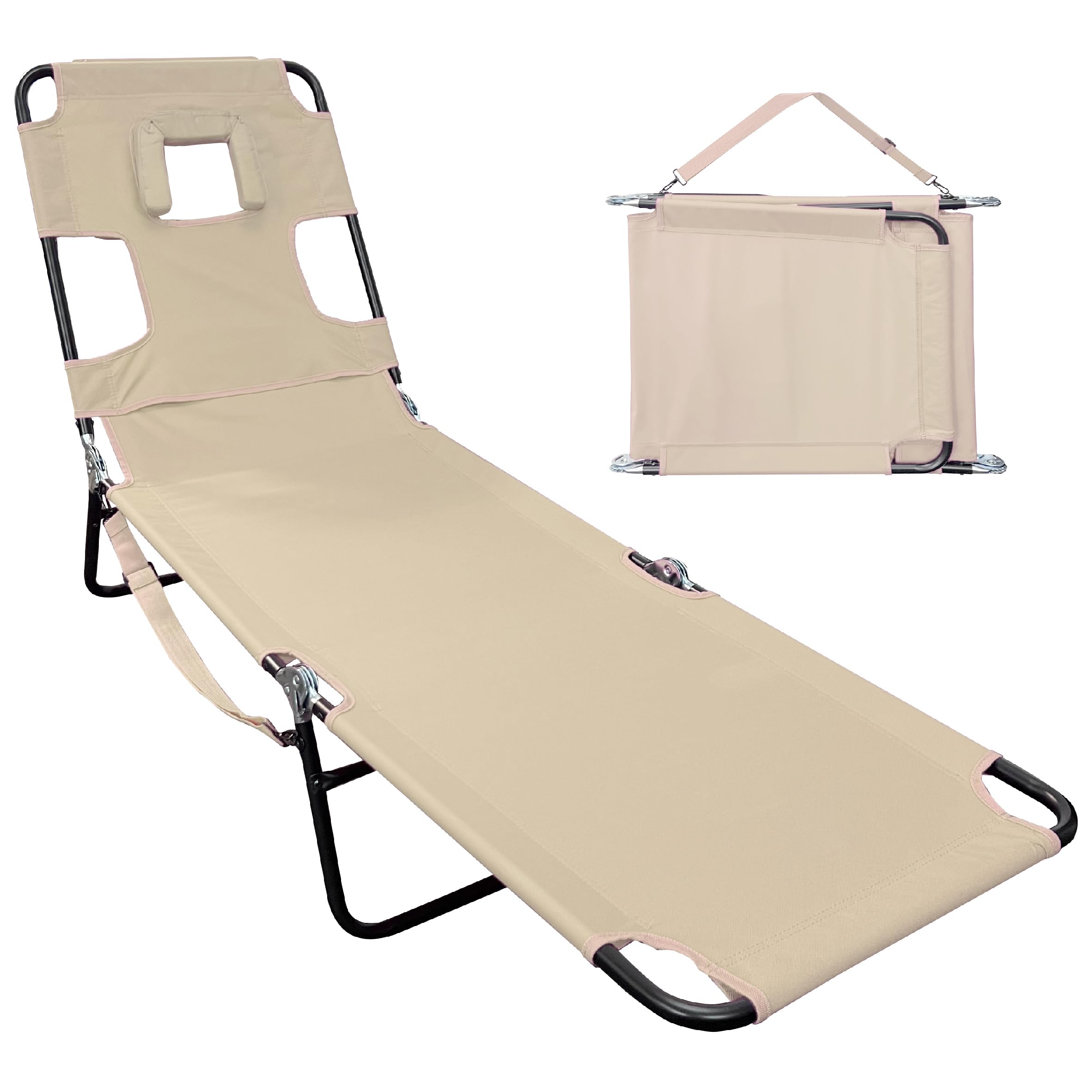 Face Down Tanning Chaise Lounge Chair - Face & Arm Holes - 2 Legs Support - Polyester Material – Backrest Positions - Head Rest Pillow - Beach or Home Use - Read and Tan - Tan Stripes Pattern